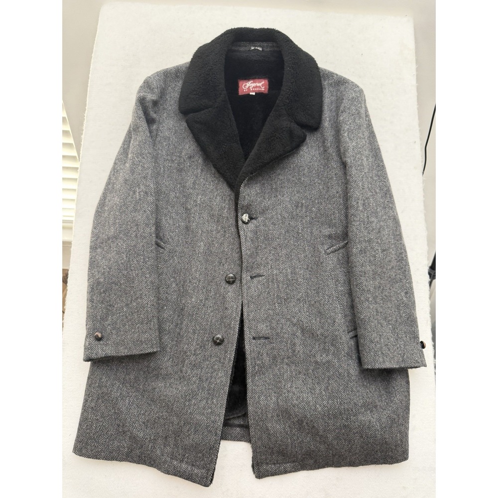 VTG Imperial by Haggar Gray Herringbone Tweed Faux Fur Lined Coat Men's 46 USA